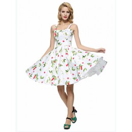 Women's Going out Vintage A Line / Skater Dress,Floral Strap Knee-length Sleeveless White / Black Cotton All Seasons