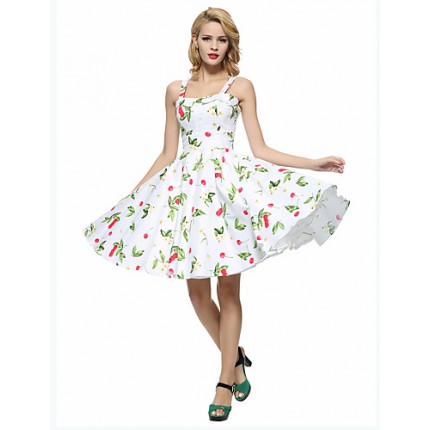 Women's Going out Vintage A Line / Skater Dress,Floral Strap Knee-length Sleeveless White / Black Cotton All Seasons