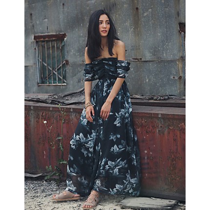 SINCE THEN SIN CE THEN Women's Sexy / Boho Floral Swing Dress,Strapless Maxi Polyester