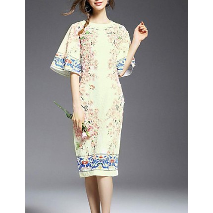 Casual/Daily Simple Sheath Dress,Print Round Neck Knee-length ? Length Sleeve White Others Summer Mid Rise