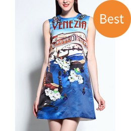 Women's Casual/Daily Street chic A Line Dress,Print Round Neck Above Knee Sleeveless Blue Cotton / Polyester Summer