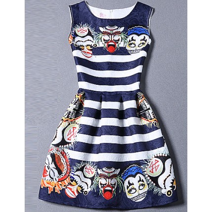 Women's Cute Print A Line Dress,Round Neck Mini Polyester