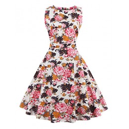 Women's Plus Size Vintage Swing Dress,Floral Round Neck Knee-length Sleeveless Red / White / Black / Multi-color Cotton Summer