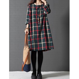 Women's Casual/Cute/Plus Sizes Check Contrast Color Inelastic Long Sleeve Knee-length Loose Dress (Cotton/Linen)