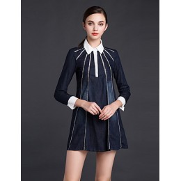  Women's Going out Sheath DressSolid Shirt Collar Above Knee Long Sleeve Blue Cotton