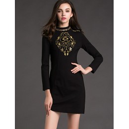 Women's Work Shift Dress,Jacquard Crew Neck Mini Long Sleeve Black Cotton / Polyester Spring