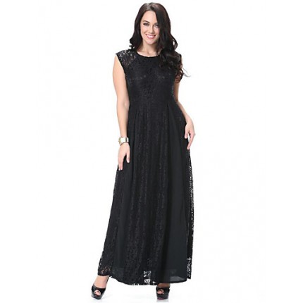 Women's Beach Plus Size / Lace Dress,Solid Round Neck Maxi Sleeveless Black Polyester Spring