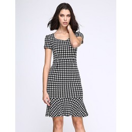 Women's Vintage / Simple Houndstooth Ruffle Slim Fishtail Plus Size / Sheath Dress,Square Neck Knee-length