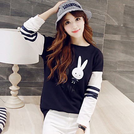 Women's Cute Character White / Black Hoodies , Casual / Plus Sizes Round Neck Long Sleeve